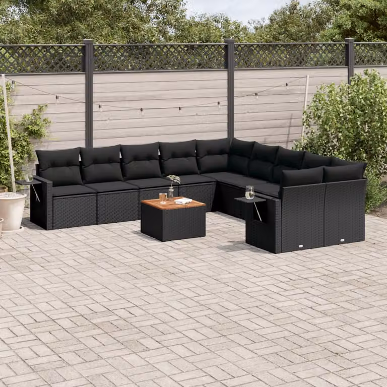 vidaXL Set Divani da Giardino 11 pz in Polyrattan Nero con Cuscini e Tavolino da Esterno