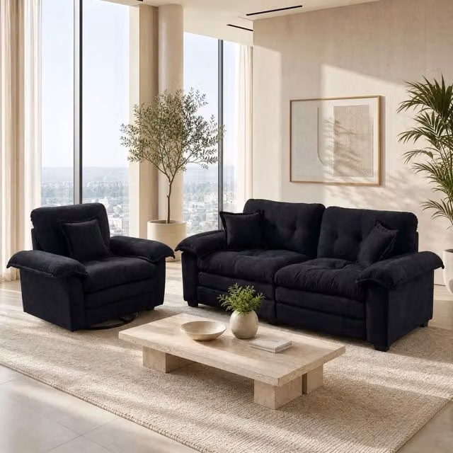 Set di divano a 2 posti e poltrona MIVRAY in tessuto nero con struttura in legno massello e cuscini decorativi inclusi