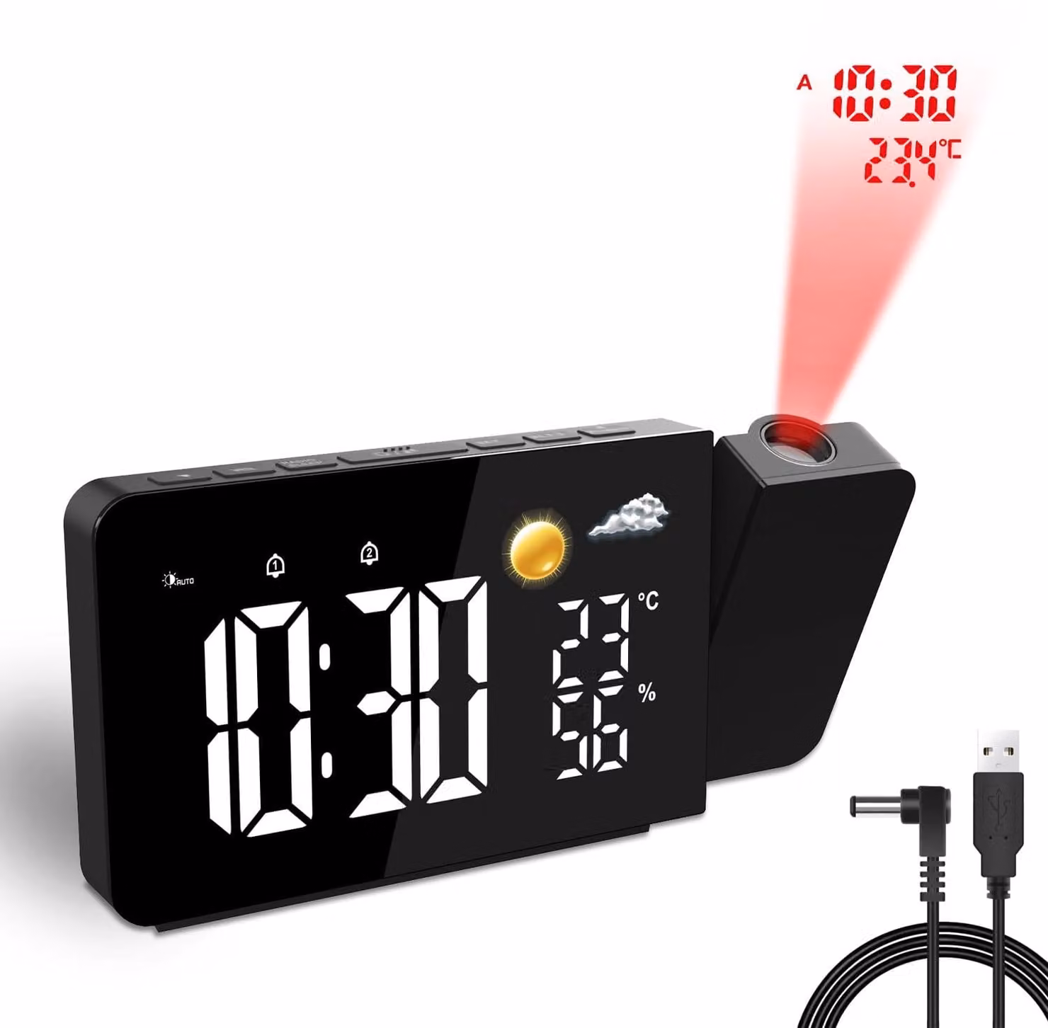 Sveglia proiettore con proiezione a soffitto, orologio digitale, stazione meteorologica, 2 sveglie