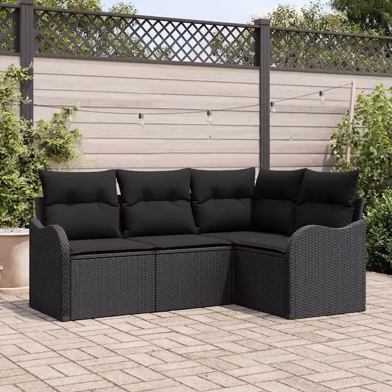 Set Divano da Giardino vidaXL 4 Pezzi Nero con Cuscini e Contenitore per Archiviazione in Polyrattan e Metallo