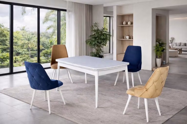 Tavolo con 4 sedie, stile moderno, colore bianco, comodo, nuovo, confortevole