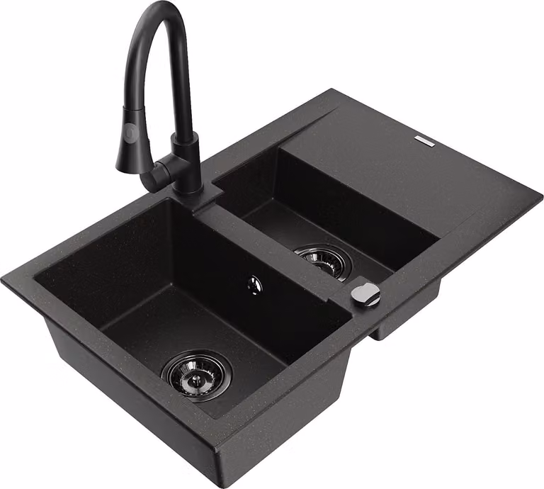 Mexen Gaspar lavello in granito a 1,5 vasche con scolapiatti e rubinetto da cucina Elia, nero/oro metallizzato