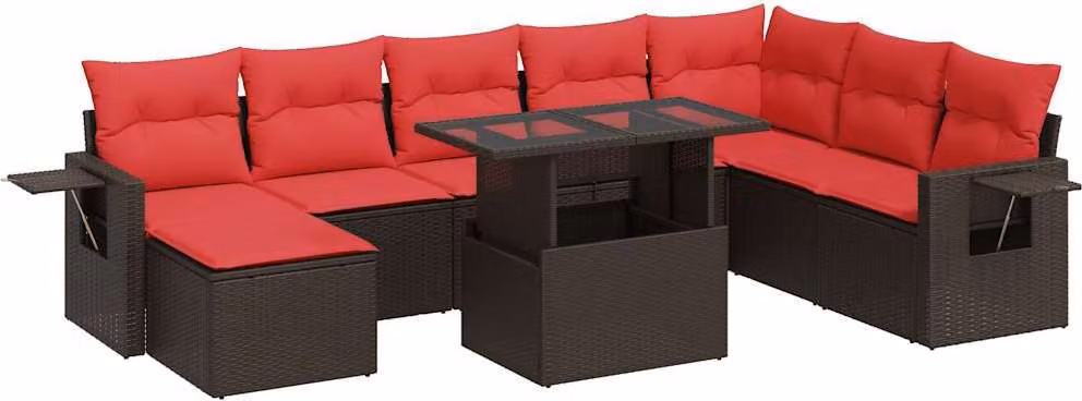 Set Divani da Giardino 9 pz con Cuscini Marrone Polyrattan Acacia