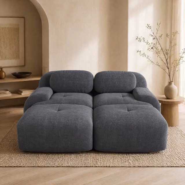 Divano angolare modulare MIVRAY in velluto a coste grigio con schiuma 32D e base antiscivolo
