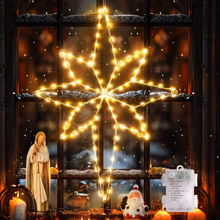 Stella di Natale pieghevole, 58 cm, 118 LED, luce bianca calda, decorazione per finestre