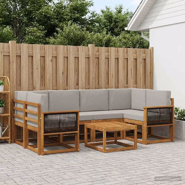 Set di divani da esterno vidaXL a forma di L in legno di acacia con cuscini, colore marrone e grigio