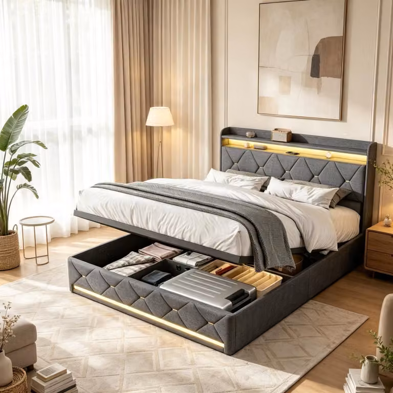 Letto imbottito INONEFT, 160 x 200 cm, letto matrimoniale, struttura del letto con rete a doghe, letto box con sistema idraulico, letti per ragazzi con LED e USB, tessuto in lino, colore grigio