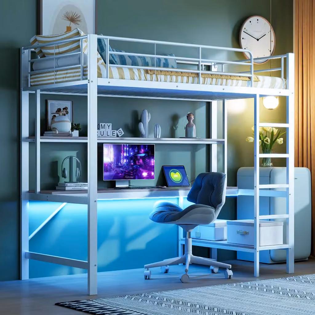 Letto a soppalco MIVRAY con scrivania, scaffale e illuminazione LED a 7 colori, porta USB e presa, colore bianco, L/P/H: 200 x 90 x 204 cm – 2