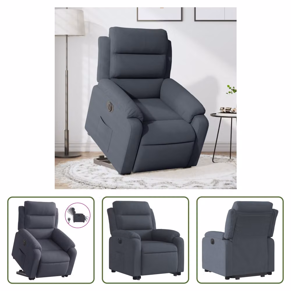 The Living Store Poltrona relax con supporto elettrico in velluto grigio scuro