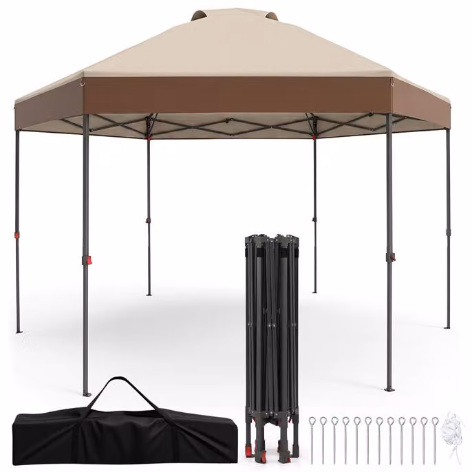 KOMFOTTEU, Padiglione pop-up 3,6 x 3,6 m, gazebo da giardino impermeabile, tenda pieghevole per feste con altezza regolabile, struttura in metallo, protezione solare, borsa per il trasporto, ideale per picnic, feste, campeggio, barbecue (marrone)