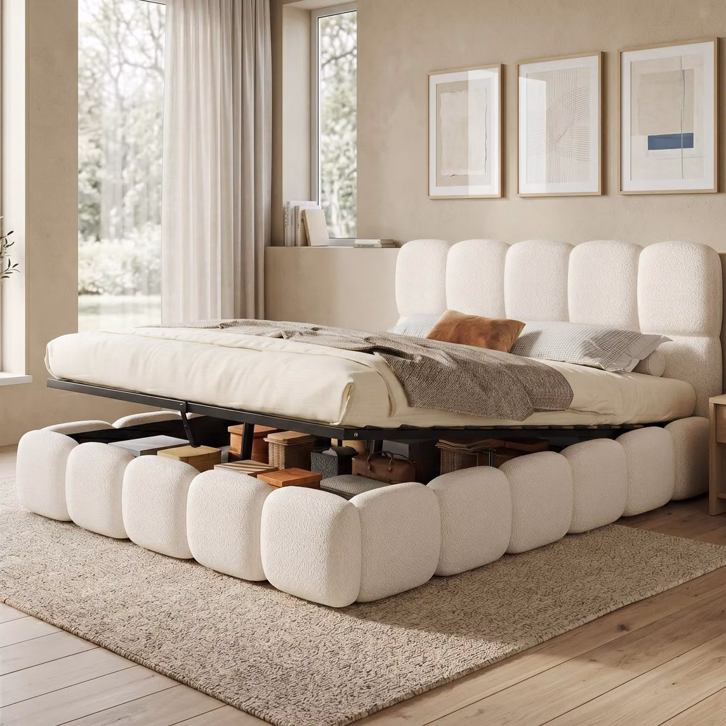 Letto imbottito idraulico Flieks 160x200 cm con contenitore, letto matrimoniale a contenitore con rete a doghe, letto per ragazzi in legno con testiera, bouclé, bianco
