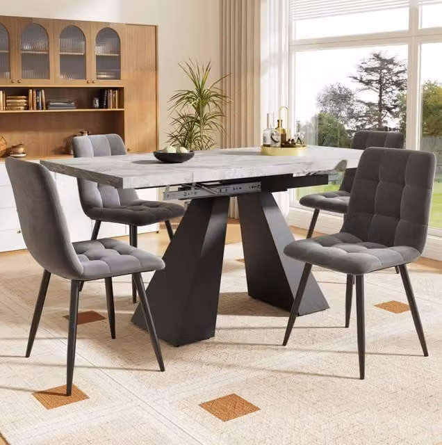 Set tavolo da pranzo allungabile con 4 sedie in velluto; 99-159x74x77 cm; nero e grigio
