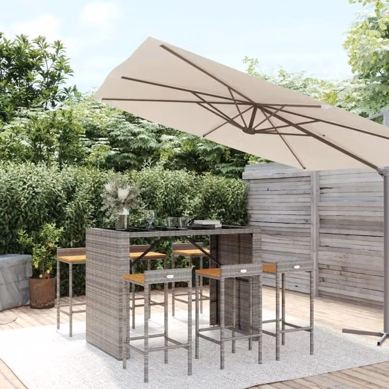 The Living Store Set bar da giardino 7 pezzi in poly rattan grigio e legno massiccio di acacia