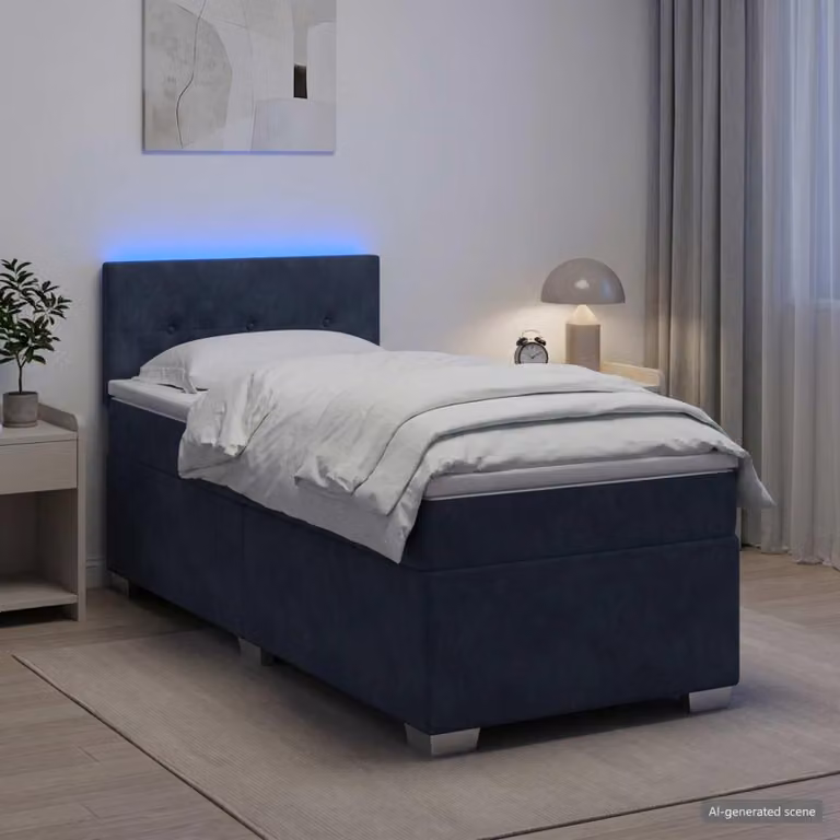 Letto a molle con materasso e illuminazione LED, colore grigio scuro, 90 x 200 cm, rivestito in velluto