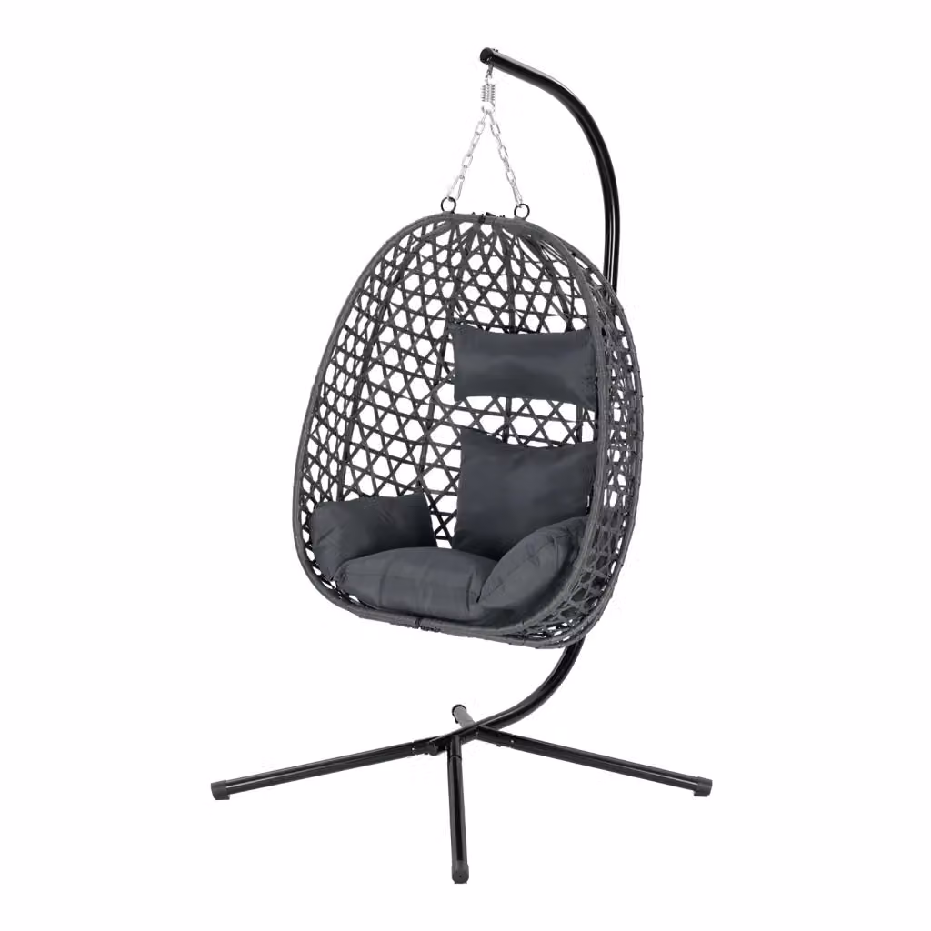 Sedia sospesa a uovo WISHDOR in polyrattan grigio con base in metallo e cuscini inclusi per esterno – 2