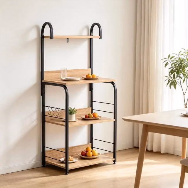 Scaffale da cucina e soggiorno WISHDOR in stile industrial con 4 ripiani, nero e marrone, L 60 cm x P 40 cm x H 125 cm – 1