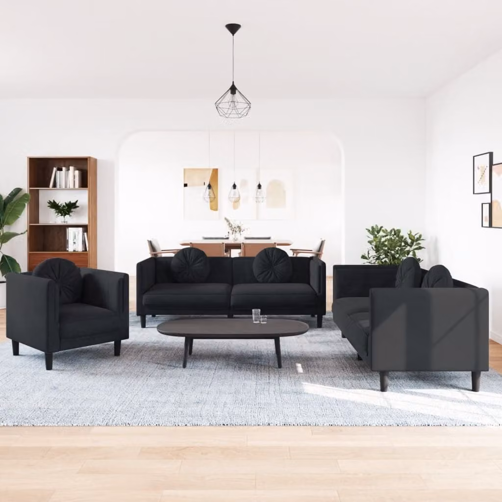 Set di divani 3 pezzi vidaXL in velluto nero con cuscini e struttura in legno massiccio per soggiorno – 1