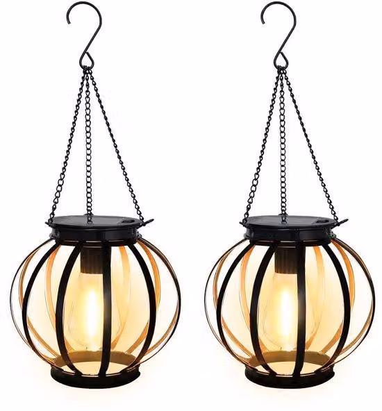 Set di 2 lanterne solari Unyqoos® – Lanterne solari LED, luce bianco caldo, struttura in ferro rotonda, grado di protezione IP65, fino a 12 ore di illuminazione, illuminazione esterna per giardino, terrazza e balcone