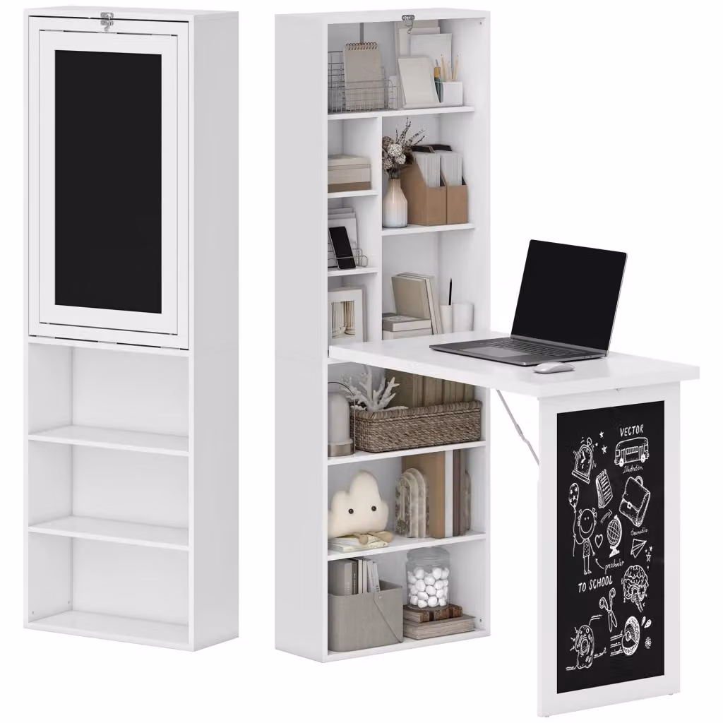 Scrivania pieghevole a muro Xylo con libreria e scaffale regolabile, colore bianco legno – 2