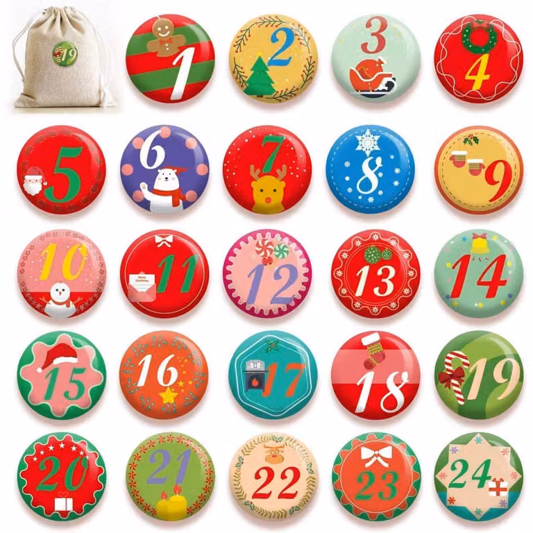 Calendario dell'Avvento: bottoni con numeri da 1 a 24, spille con numeri, diametro 4 cm, confezione da 24 pezzi