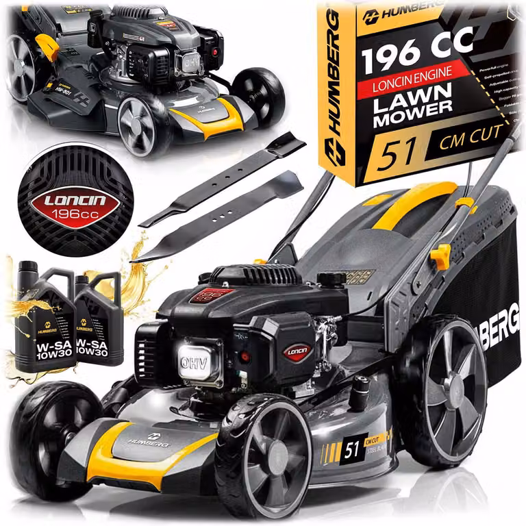 Tosaerba a benzina semovente, larghezza di taglio 51 cm, cilindrata 70 l, motore Loncin da 196 cm³ + olio Humberg HM-601