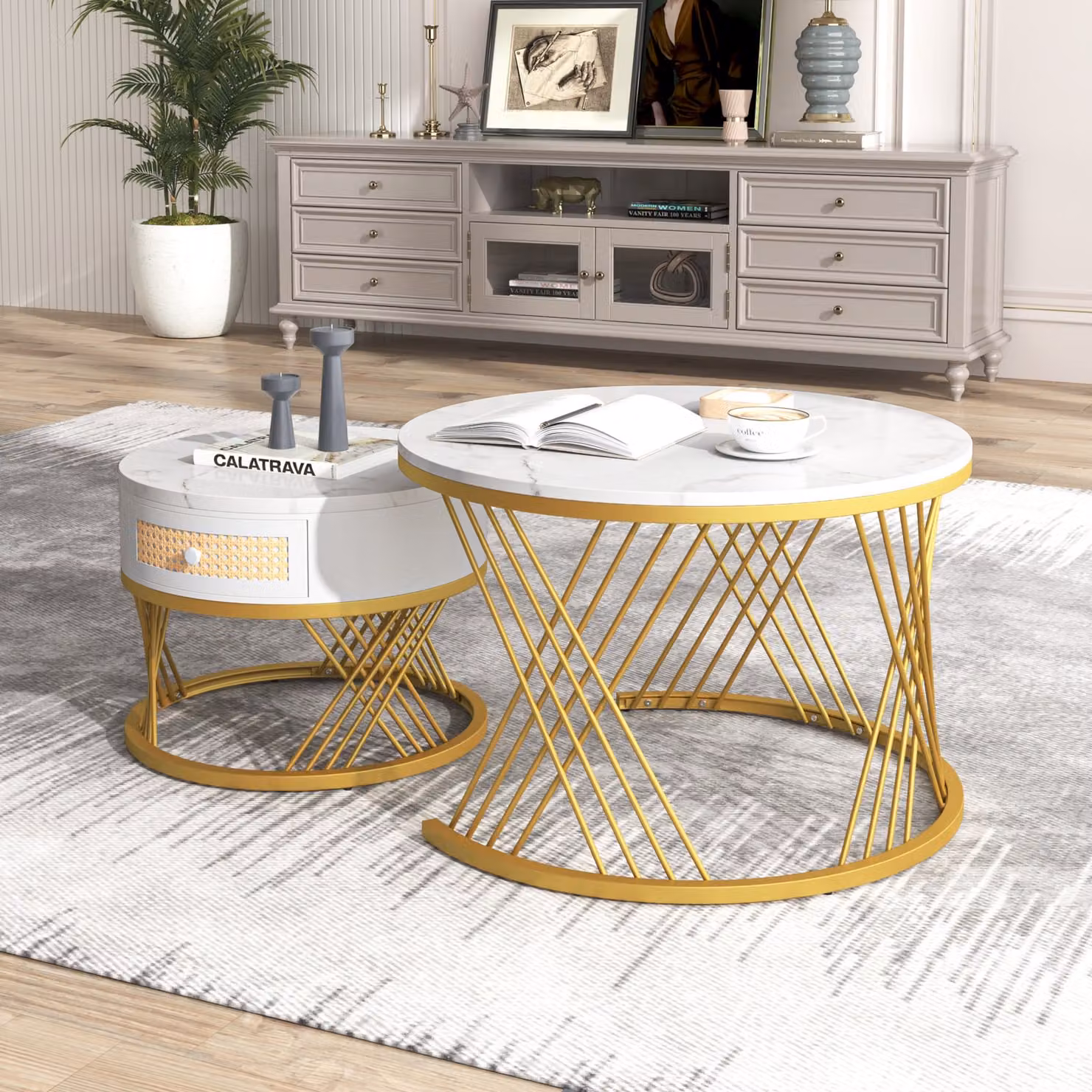 MODFU set di tavolini da caffè 2 pezzi, 70 cm/50 cm, tavolini satellite rotondi, tavolini da divano con struttura dorata, bianco