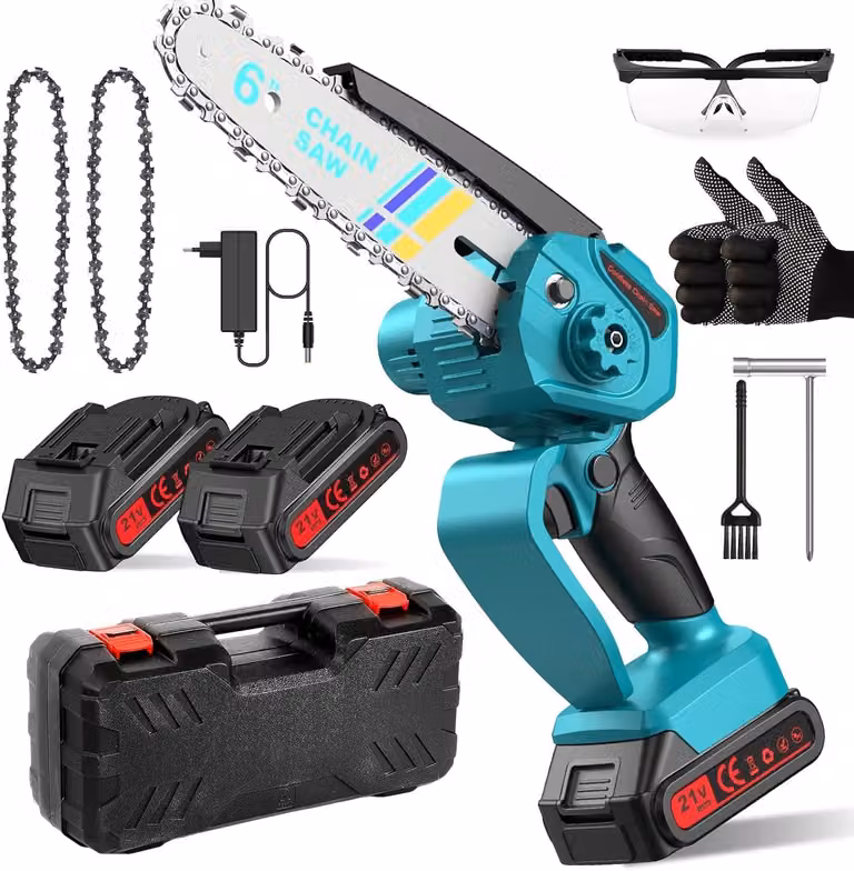 Mini motosega, lama da 6 pollici, 21 V, 2 batterie da 3000 mAh, 2 catene