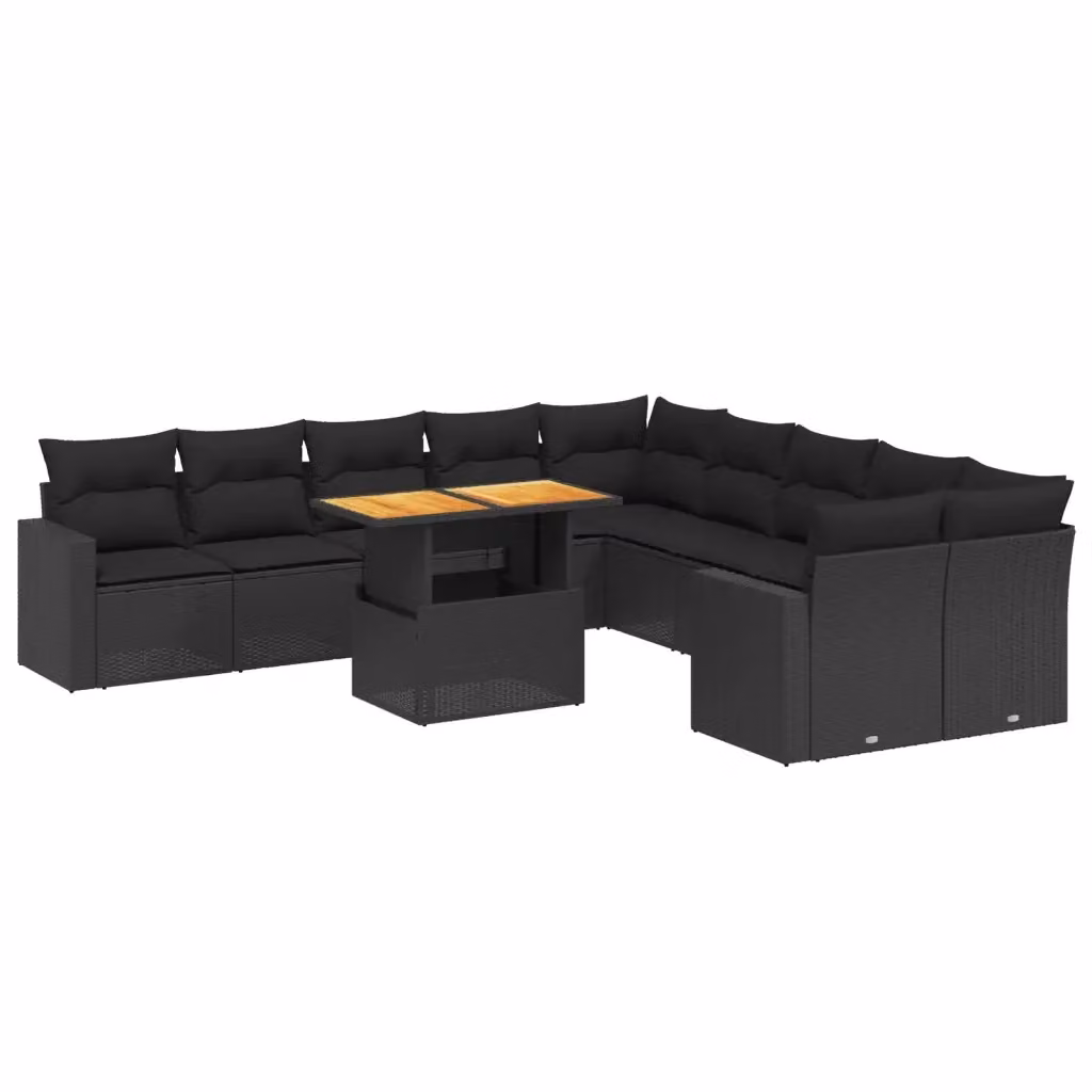 vidaXL Set Divani da Giardino a Forma di L composto da 11 Pezzi in Polyrattan Nero con Cuscini e Tavolino da Esterno – 2