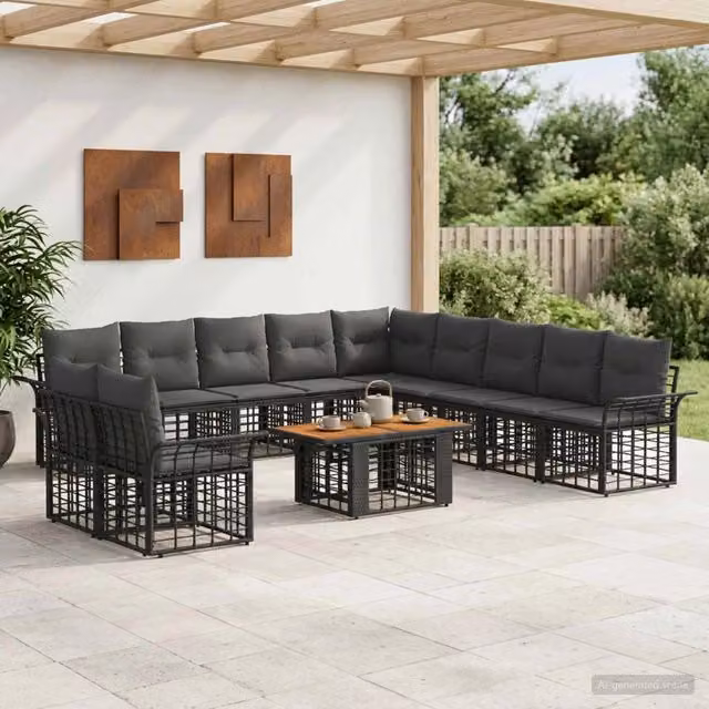 Set Divano da Giardino a L con Tavolino vidaXL, Colore Nero e Grigio, con Cuscini e Struttura in Metallo e Polyrattan