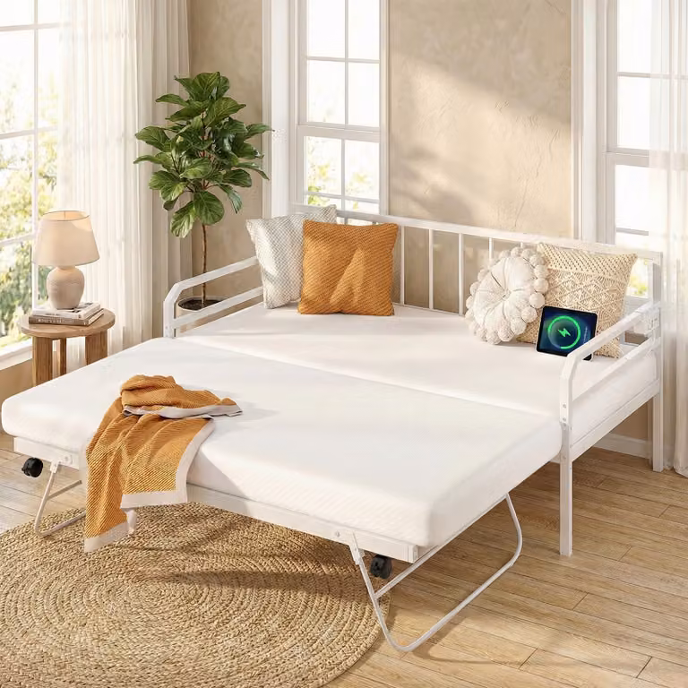 Divano letto singolo Costway in tessuto bianco con struttura in metallo, luci LED, stazione di ricarica e contenitore estraibile per soggiorno e camera da letto