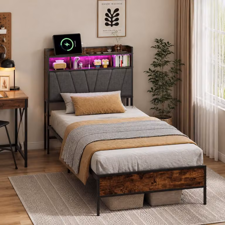 Letto matrimoniale in metallo INONEFT, 90x200 cm, con testiera e spazio contenitore, letto imbottito con illuminazione LED e funzione di ricarica USB, struttura del letto con rete a doghe, colore grigio