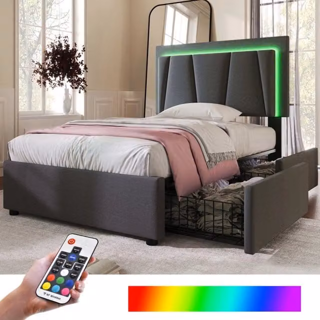 Letto Mivray con cassetti e illuminazione LED, testiera imbottita regolabile, struttura in metallo e rete a doghe, colore grigio, L/P/H: 90 x 200 cm