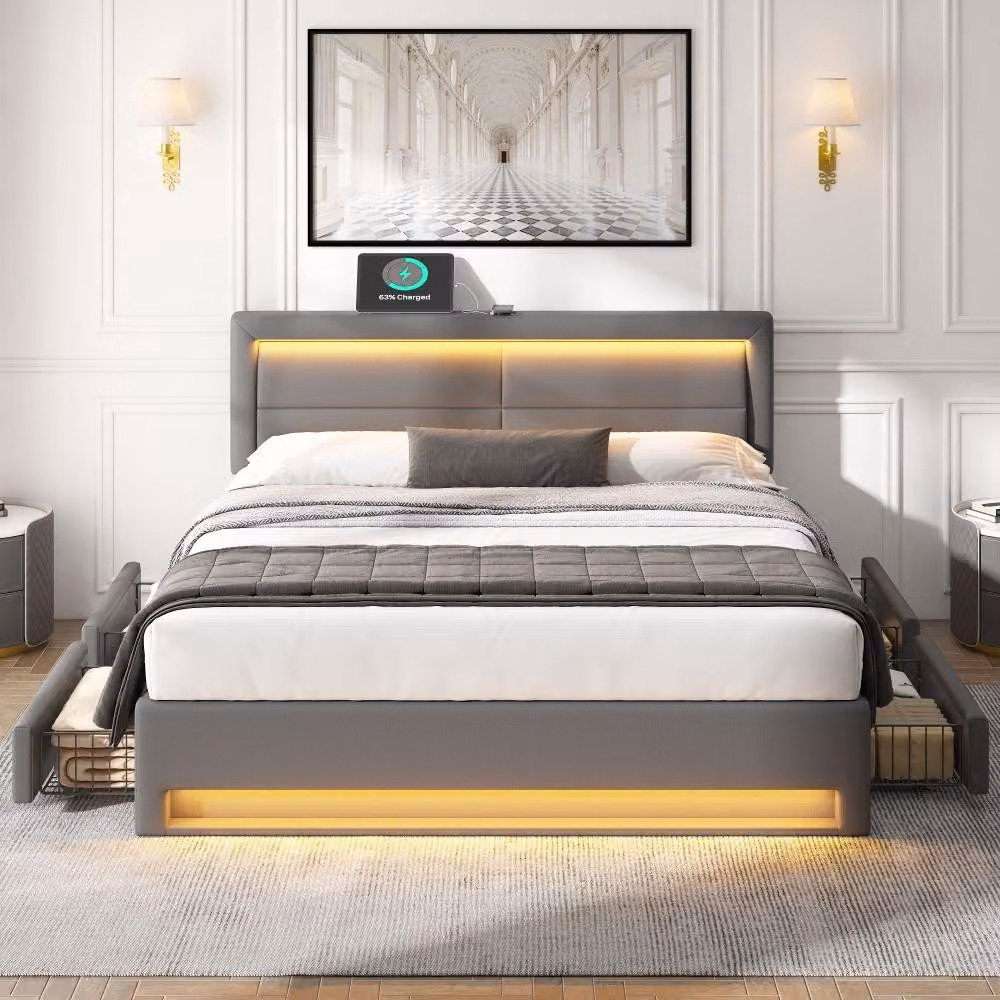 Letto imbottito 140x200 cm, grigio, realizzato in poliuretano, con porta USB, illuminazione LED e 4 cassetti, ideale per la camera da letto