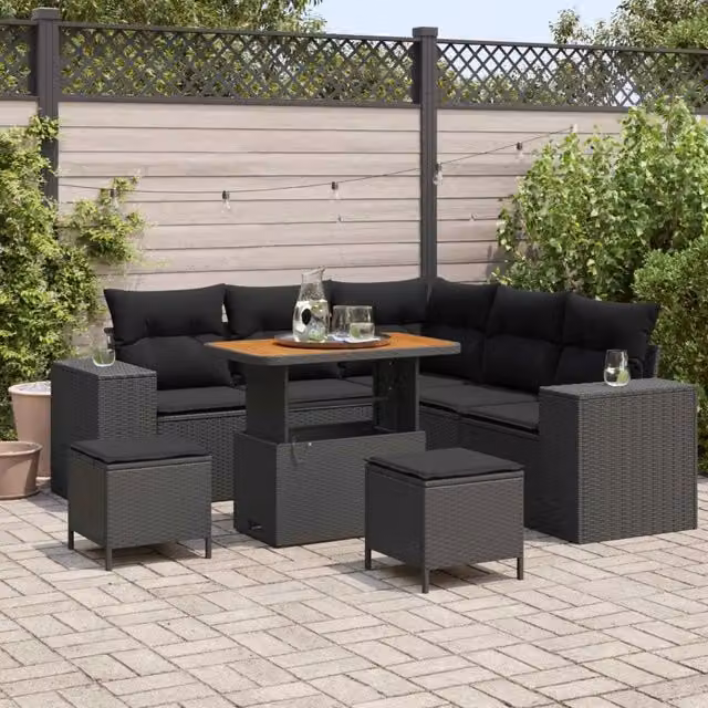 Set Divano da Giardino 8 pz 7-Numero di posti Nero polyrattan 3363954