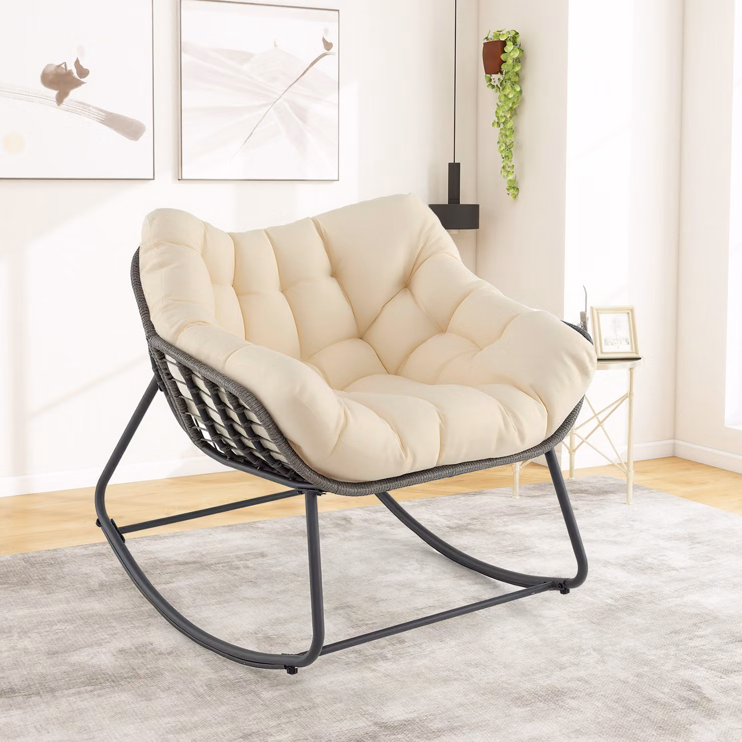 Sedia a dondolo Costway in rattan e metallo per interno ed esterno, colore beige