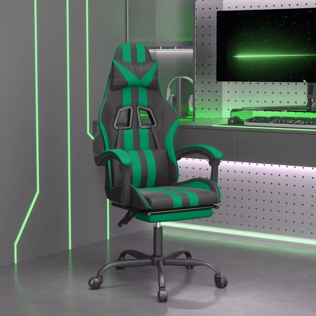 Sedia da Gaming Girevole vidaXL con Poggiapiedi e Braccioli, Similpelle Nero e Verde
