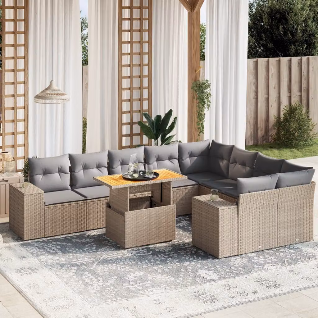 vidaXL Set Divano da Giardino a L 10 pz con Cuscini Beige e Tavolino in Polyrattan e Legno di Acacia – 1