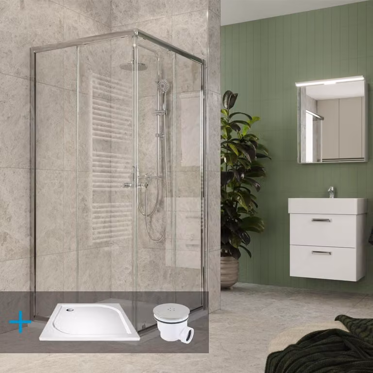Set doccia Mereo Kora Lite: cabina doccia 80x80x185cm, cromo ALU, vetro trasparente, 80 cm, piatto, sifone - CK34133ZM