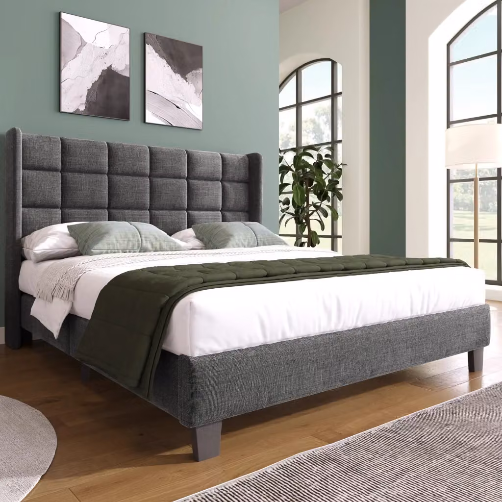 Letto Matrimoniale REDOM in Tessuto Grigio e Nero con Struttura Imbottita e Rete a Doghe L/P/H: 140 x 200 x 111 cm – 2