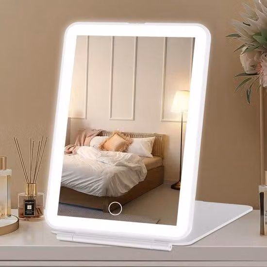 Specchio da trucco da viaggio elettrico con 72 LED, leggero e portatile, illuminazione con cambio di colore, funzione ribaltabile regolabile.