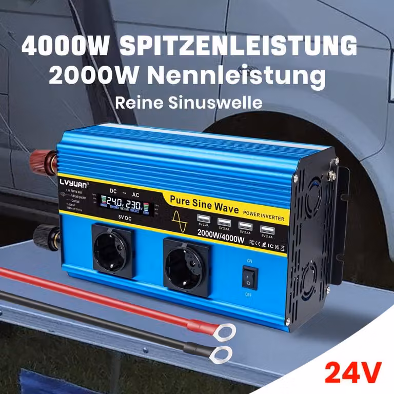 Convertitore automatico – 12V a 220V – Potenza continua di 2000W – Onda sinusoidale pura con display LCD e porte USB