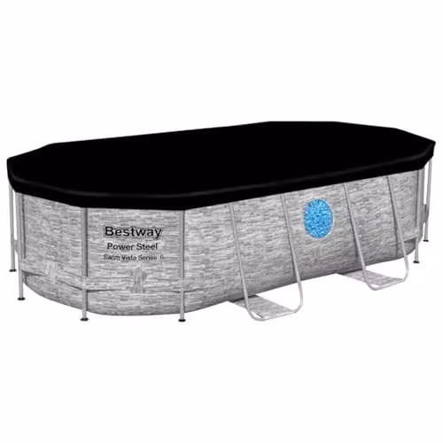 Bestway Power Steel Swim Vista Series Frame Pool Set completo con pompa filtro 427 x 250 x 100 cm, effetto pietra (grigio crema)