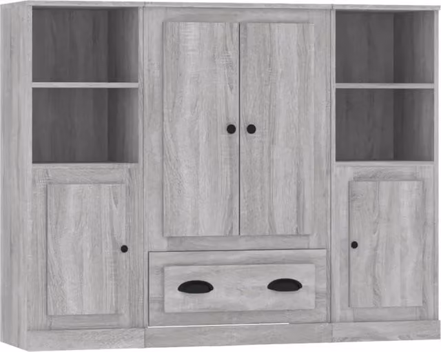 Set di 3 mobili contenitori buffet e credenza in legno MDF grigio per cucina e soggiorno