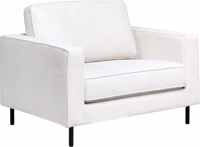 Poltrona in tessuto bianco sporco Sedia da salotto minimalista con gambe nere Braccio a binario