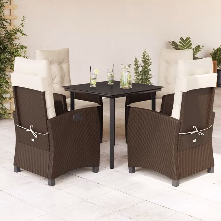 Set da Pranzo da Giardino vidaXL in Polyrattan Marrone con Cuscini e Tavolo in Vetro