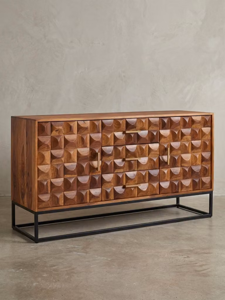 Credenza in legno Sheesham, design industriale, struttura in metallo. 145x45x81 cm | Kadima Design