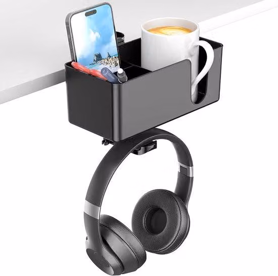 Scrivania da ufficio 4 in 1 con supporto per cuffie, supporto per cuffie da scrivania, supporto girevole per cuffie e portabicchieri rimovibili, portapenne, organizer per bicchieri e cellulare (nero)