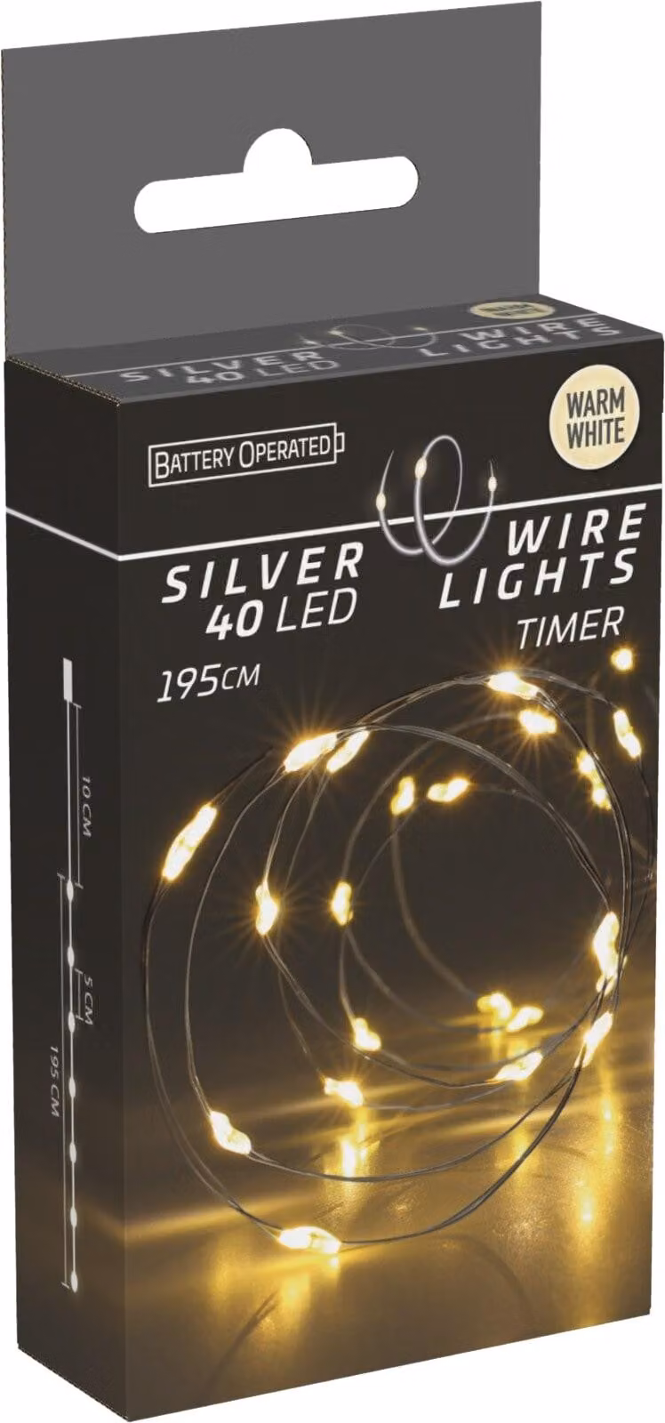 Fata LED bianco caldo, a batteria, 40 LED, filo argento, per interni, 1,95 m