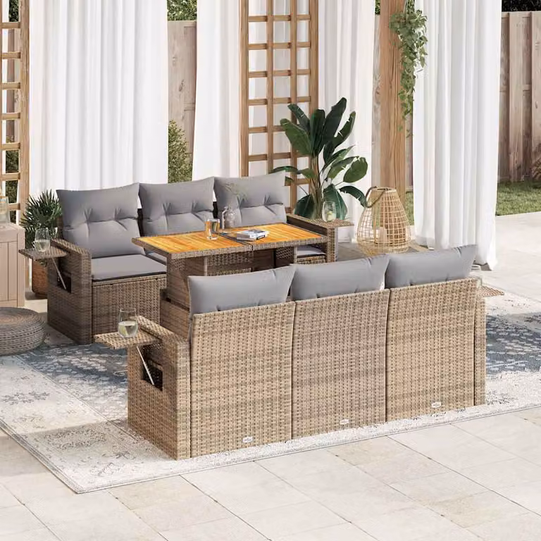 Set Divani da Giardino vidaXL 7 pz in Polyrattan e Legno di Acacia con Cuscini Beige e Grigio