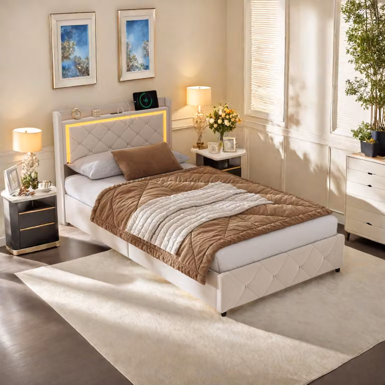 ProximaX Comodo letto a gas 90x200 cm con luce LED nella testiera, funzione di ricarica USB e morbido rivestimento in velluto, color beige